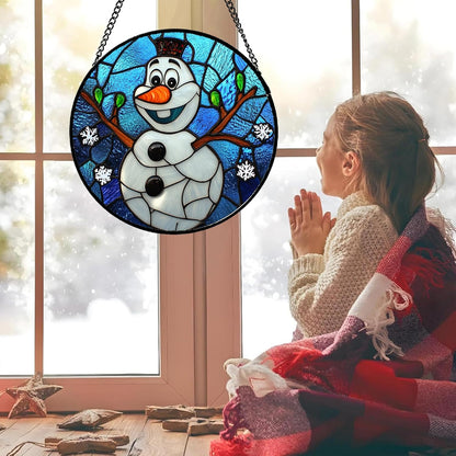 Stained Glass Window Hanging Christmas Funny Snowman 6.3" - Suncatcher Door Garden Blue White