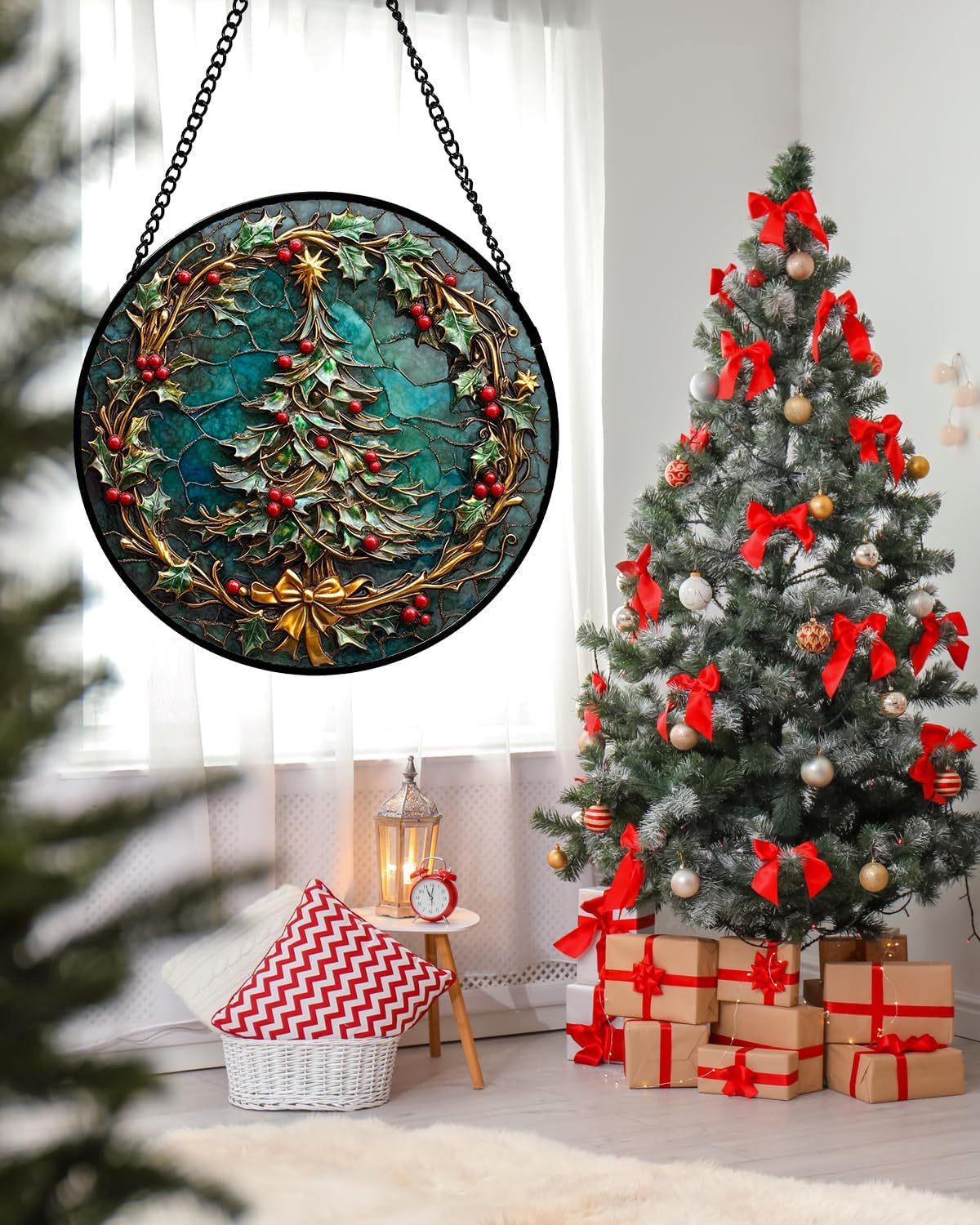 Stained Glass Window Hangings - Red Gold Green Wreath Suncatcher for Door Home Christmas Tree