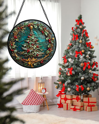 Stained Glass Window Hangings - Red Gold Green Wreath Suncatcher for Door Home Christmas Tree