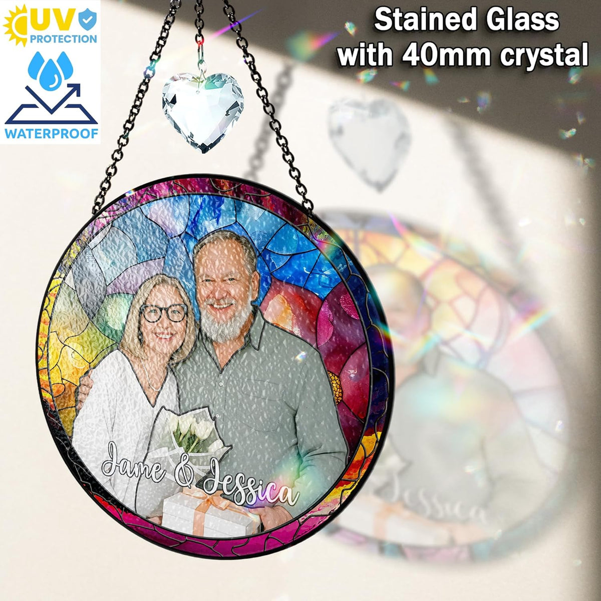 Personalized Grandma Stained Glass Suncatcher, Photo Family Faux Stained Glass Window Hanging