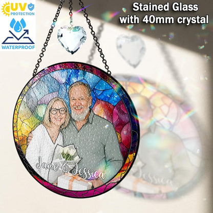 Personalized Grandma Stained Glass Suncatcher, Photo Family Faux Stained Glass Window Hanging