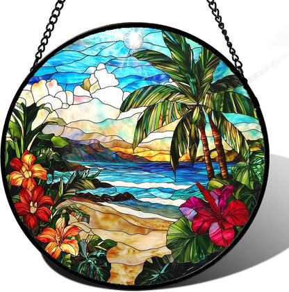 Stained Glass Window Hanging, Blue Beach Scenery Suncatcher Diamond Glass Panel Hangings Sun
