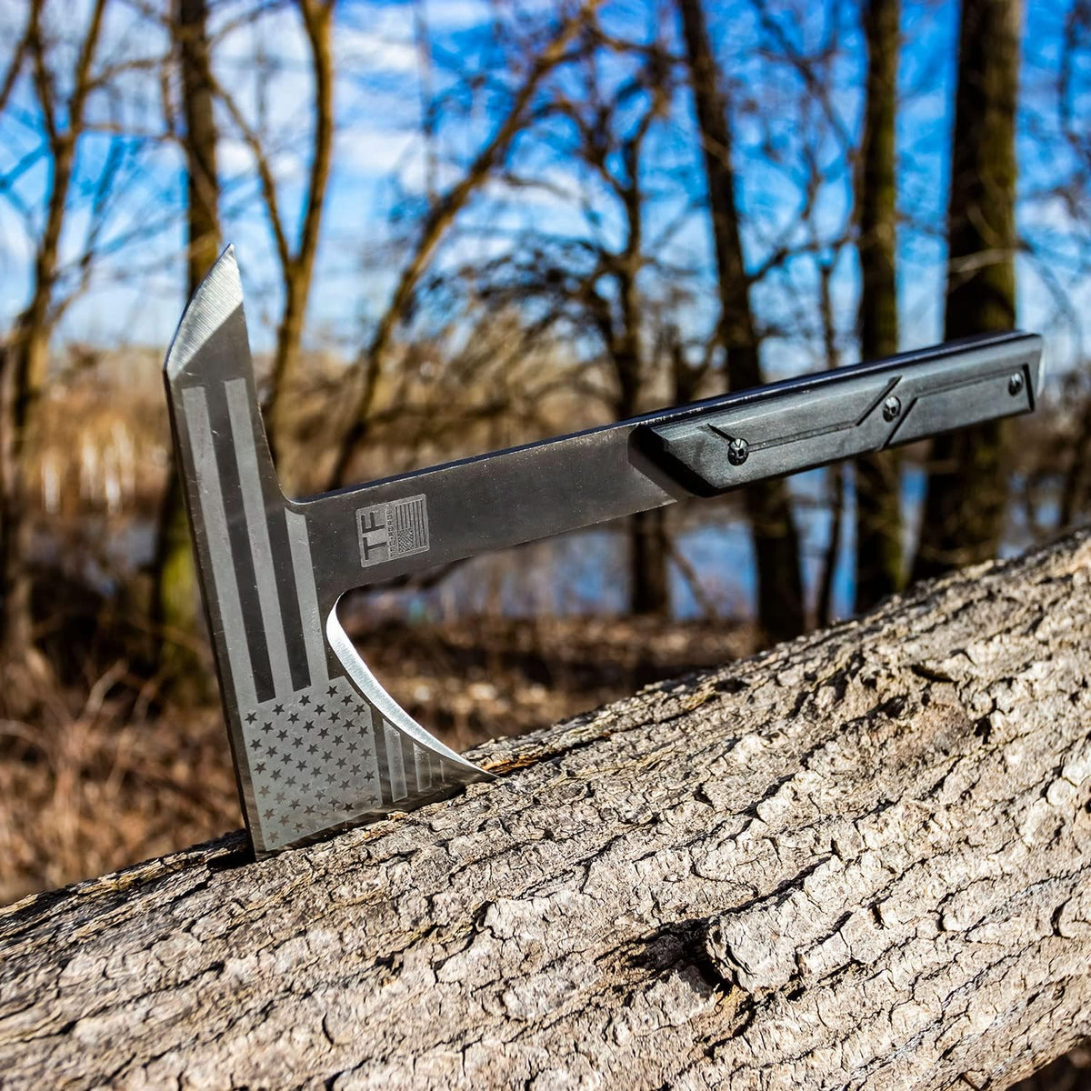 TAC-FORCE Tomahawk – Axe - Satin Finish Stainless Steel Blade w/Etched U.S.A. Flag, Black Wood