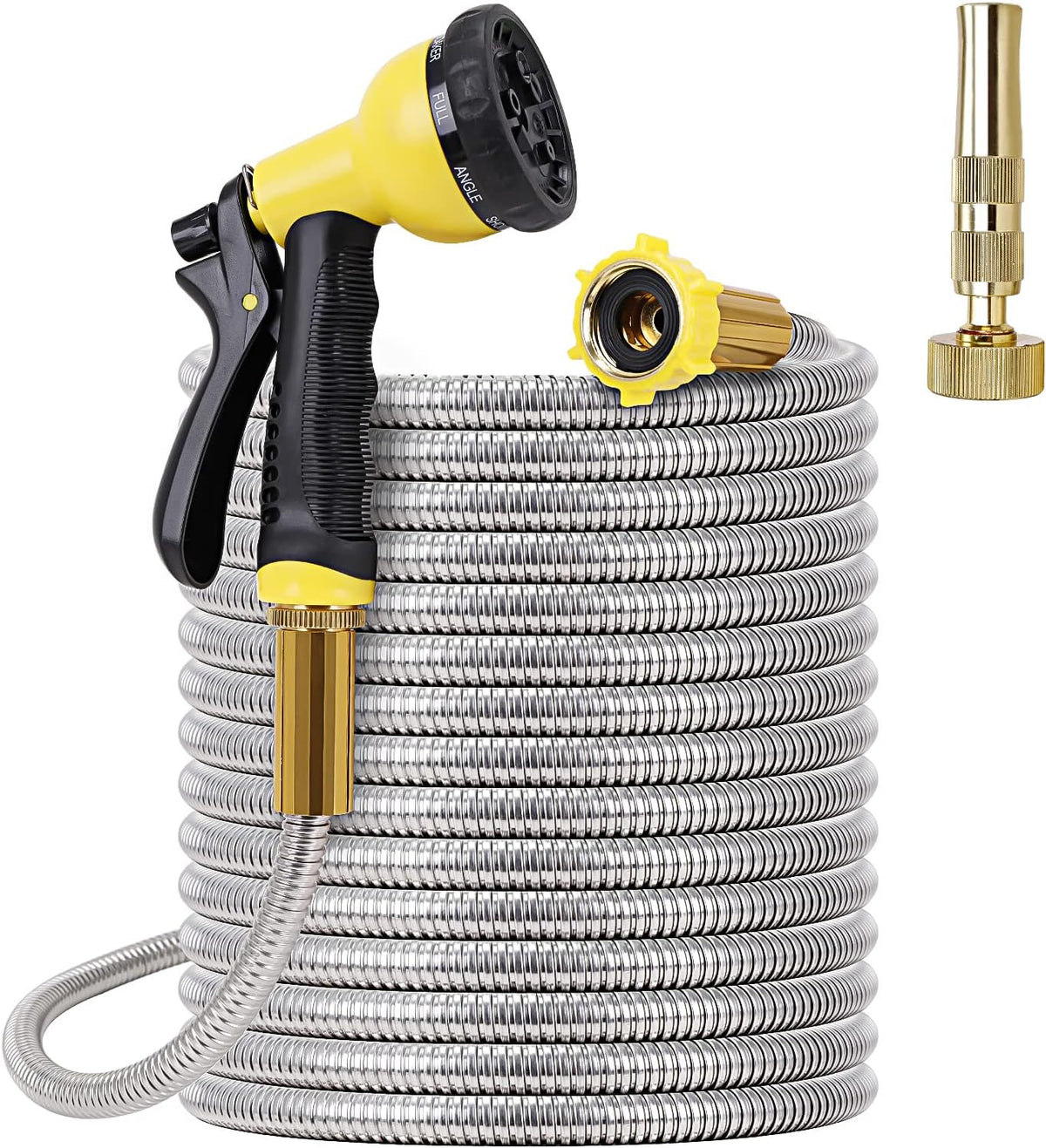 FOXEASE Metal Garden Hose 75FT - Stainless Steel Heavy Duty Water Hose with Metal Nozzle & 8