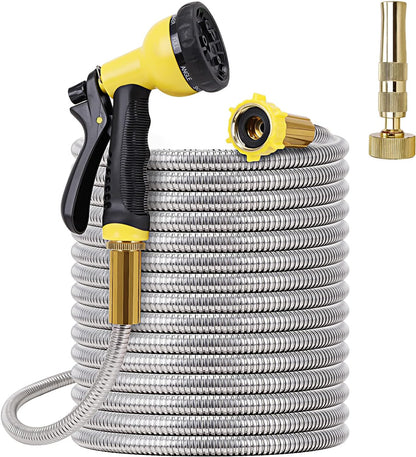 FOXEASE Metal Garden Hose 50FT - Stainless Steel Heavy Duty Water Hose with Metal Nozzle & 8