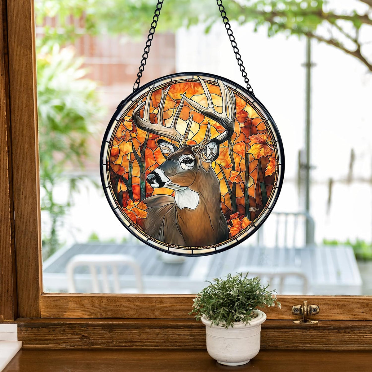TNUW Fall Deer Stained Glass Window Hanging, Rustic Autumn Forest Wildlife Deer Sun Catchers Indoor