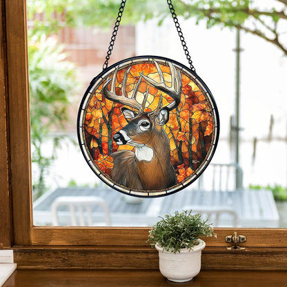 TNUW Fall Deer Stained Glass Window Hanging, Rustic Autumn Forest Wildlife Deer Sun Catchers Indoor