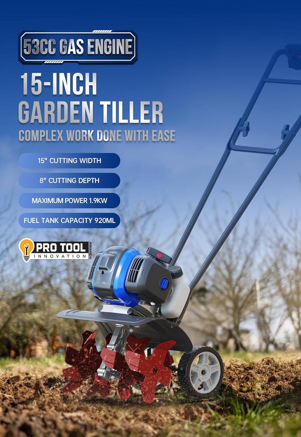 WILD BADGER POWER Garden Tiller 53cc Mini Cultivator 15 inch Powerful Liftable Booster Rod Tilling