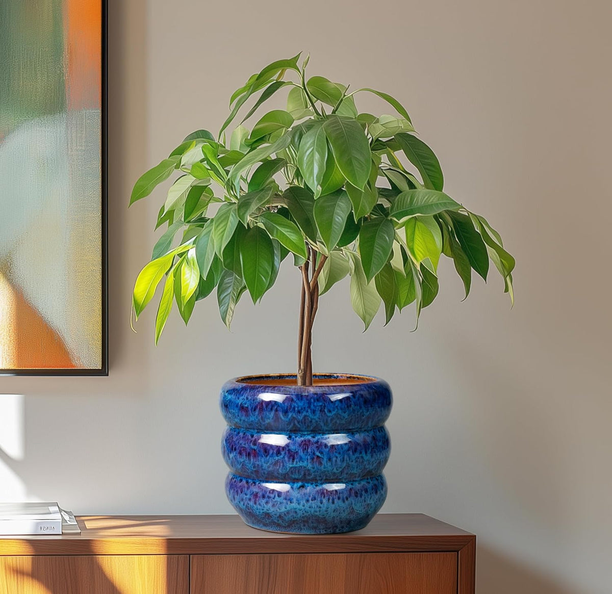 SQOWL Ceramic Planter Pot - 8 Inch Plant Pot Indoor with Drainage Hole Round Outdoor Pot for Plants