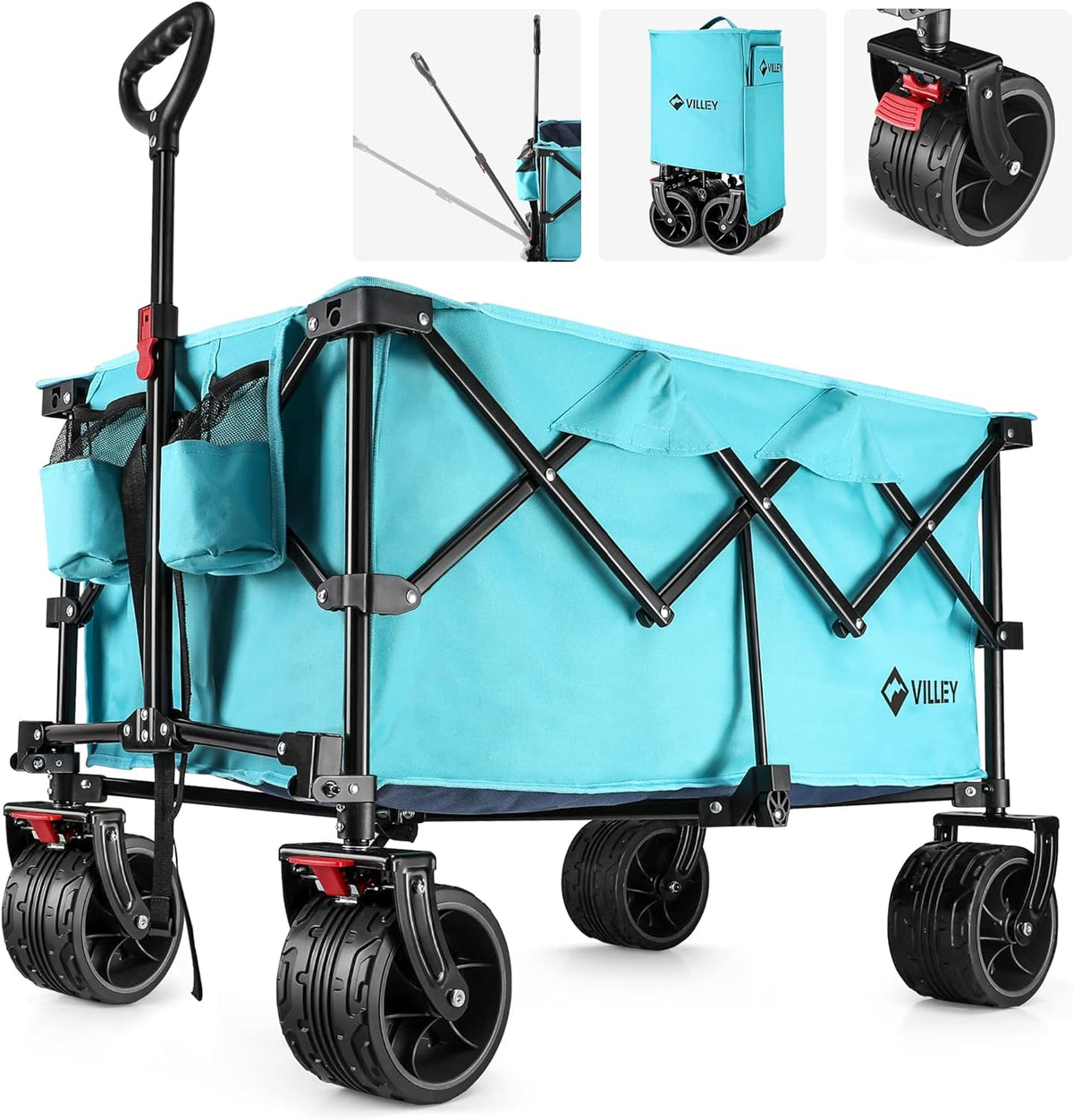 VILLEY Collapsible Folding Wagon with Big Wheels, All Terrain Beach Wagon Cart Heavy Duty Foldable