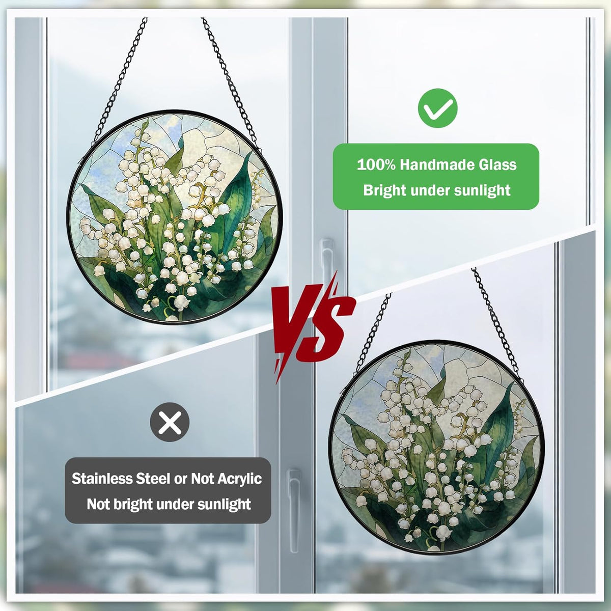 Lily of The Valley Flower Stained Glass Window Hanging, Suncatcher Diamond Glass Panel Hangings
