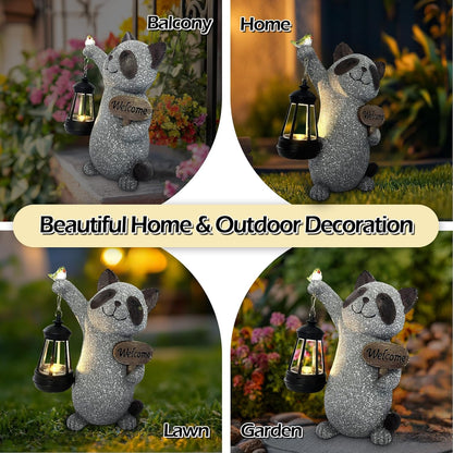 Raccoon Garden Statue with Solar Lantern, Cute Raccoon Figurine Light with Welcome Sign and Bird