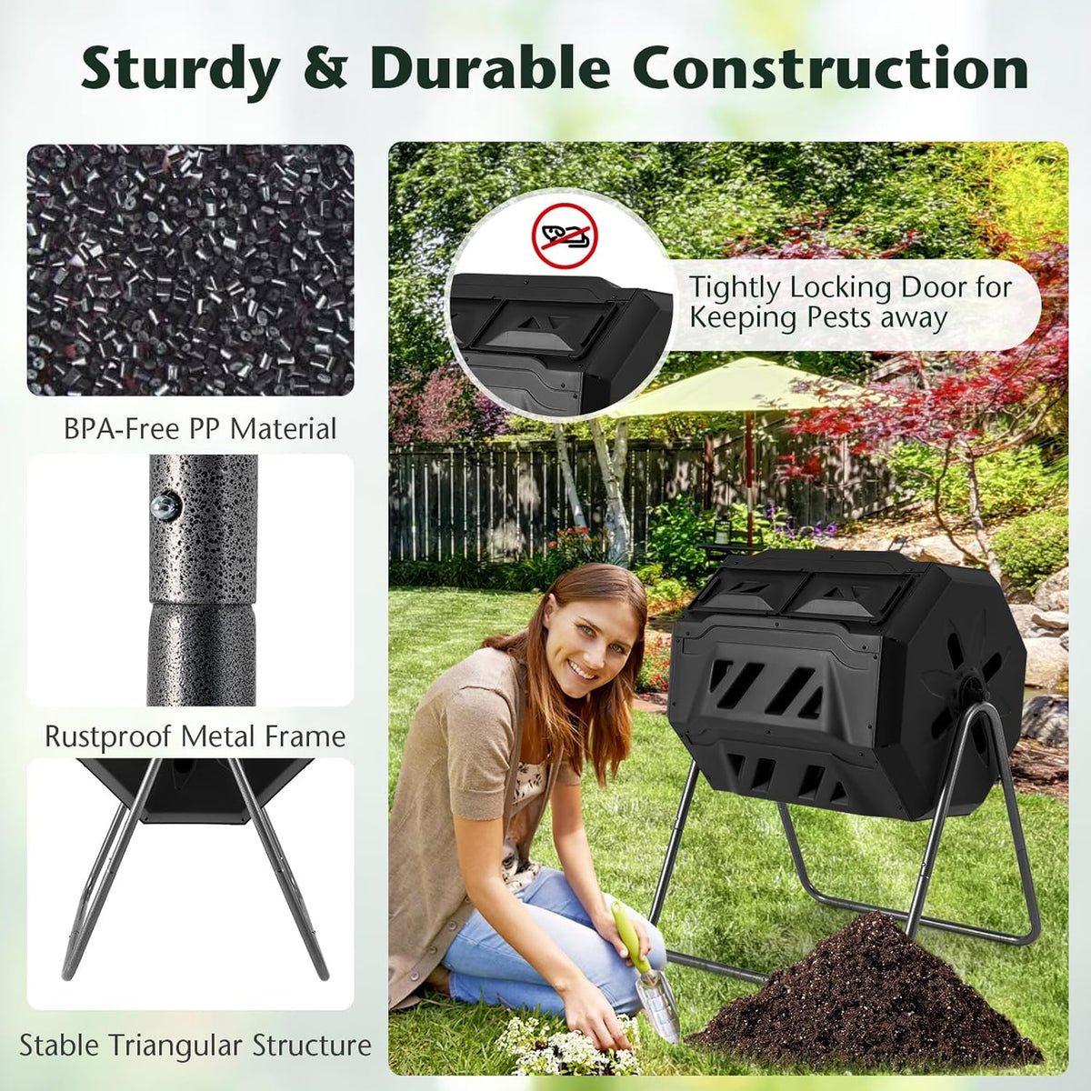 Goplus Compost Bin, Outdoor 42-Gal Dual Chamber Composting Tumbler w/2 Sliding Doors, Heavy-Duty
