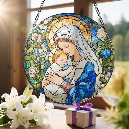 8 Inch Virgin Mary Stained Glass Suncatcher, Suncatchers for Windows Hanging, Baby Jesus Window