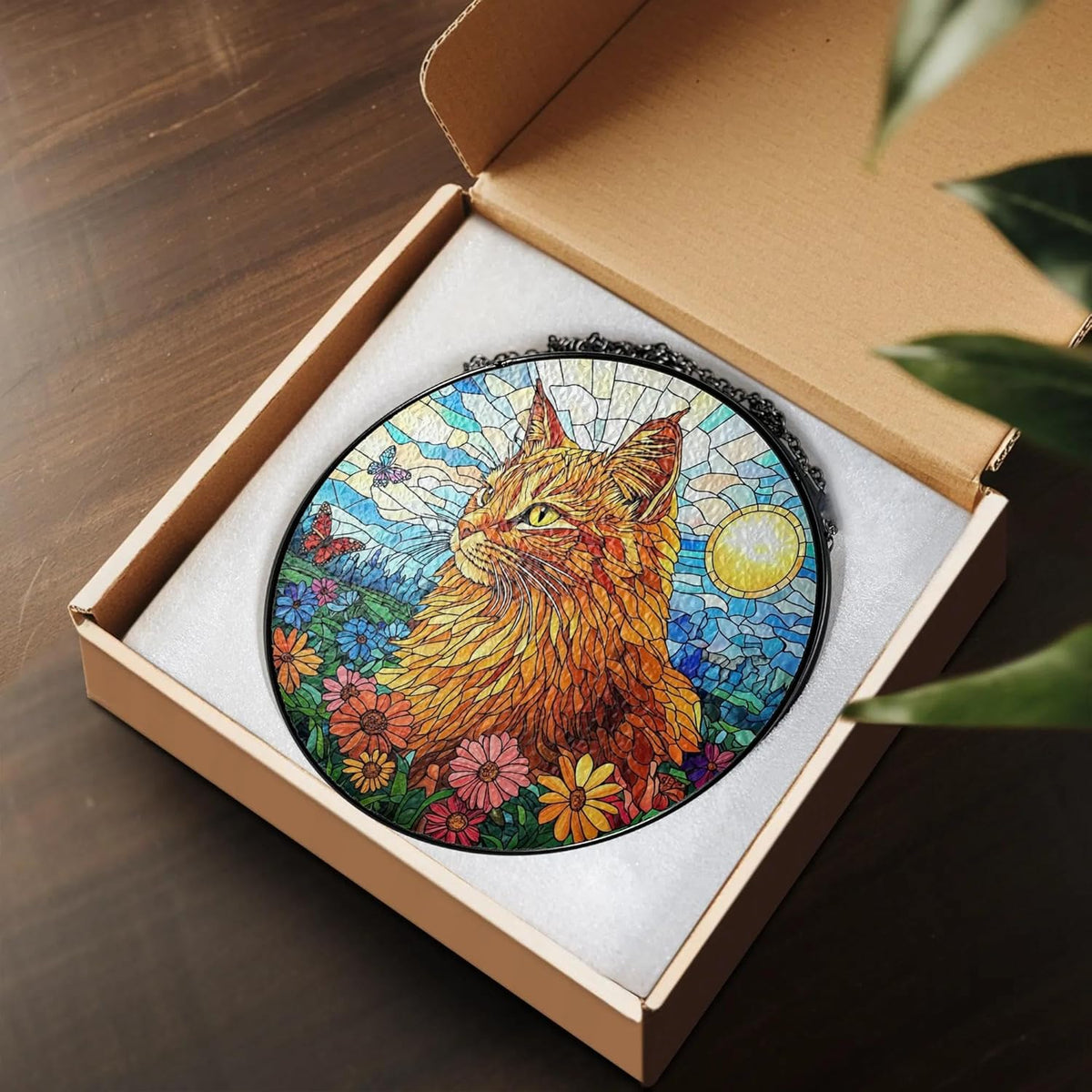 Orange Cat Stained Glass Suncatcher - Orange Cat Lovers Gifts Window Hanging Garden Decor, Memorial