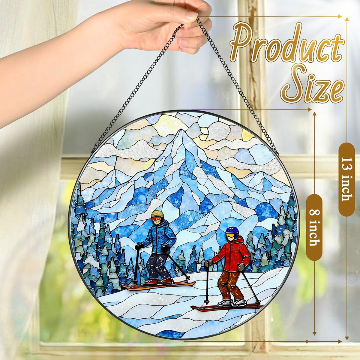 8'' Snowy Mountain Skiers Sun Catcher Ornament, Stained Glass Window Hanging, Sun Catchers for