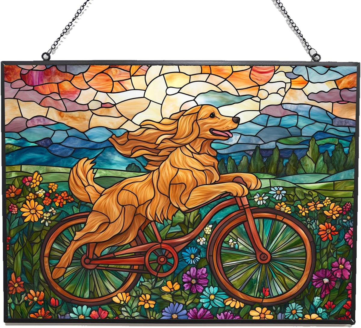 Personalized Rectangle Boho Golden Retriever Biking in Wildflowers Stained Glass Suncatcher Stained