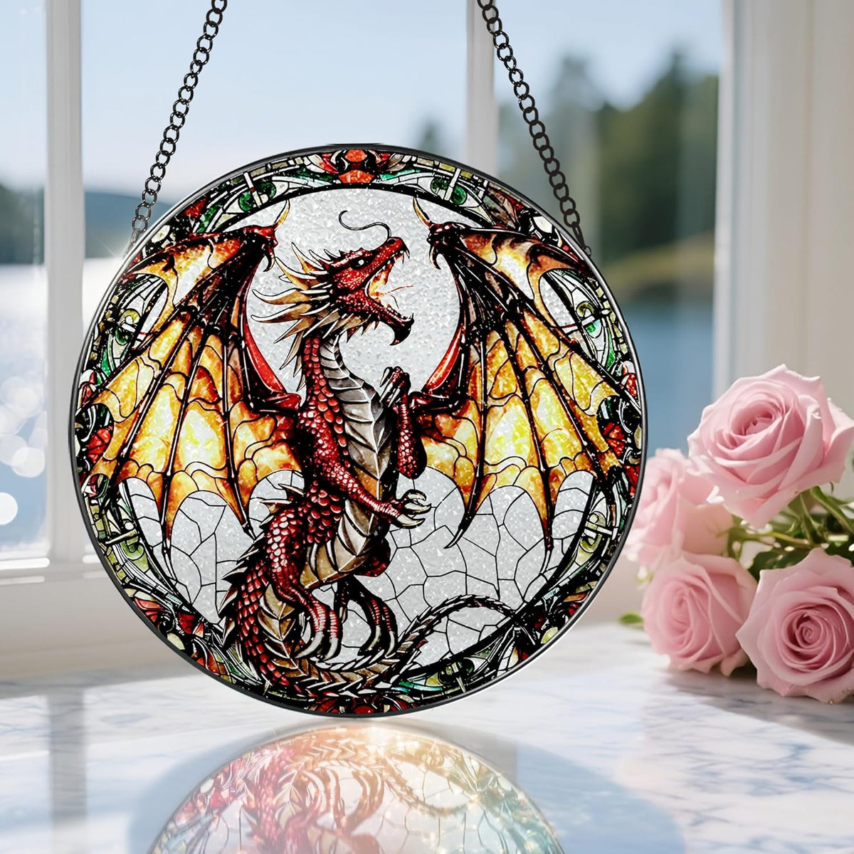 Stained Glass Window Hanging, 8 Inch Dragon Suncatcher Stained Glass, Suncatchers for Windows