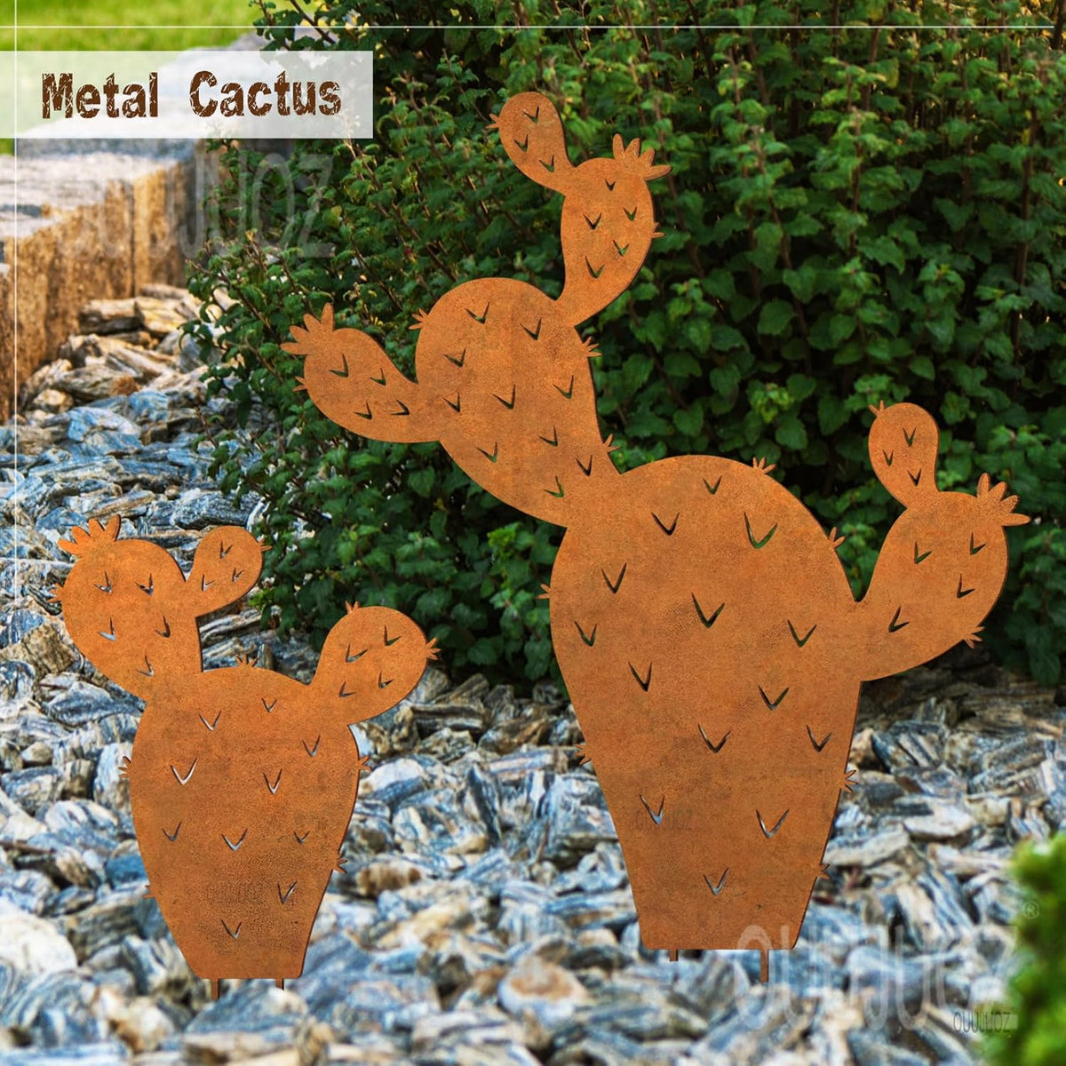 2pcs Metal Cactus Outdoor Decor,Desert Steel Yard Art, Metal Plants Prickly Pear Cactus,Lawn