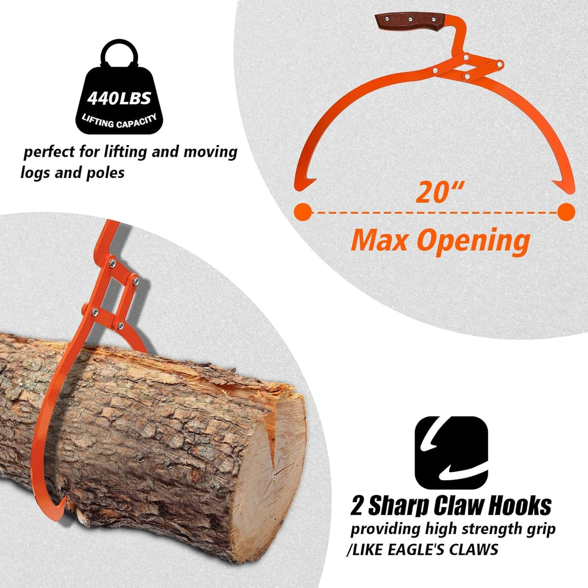 Log Grabber 20", 440LBS Logging Tongs with Gloves Handle Non-Slip Grip Hook, 2 Claw Skidding Tongs