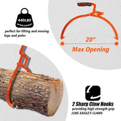 Log Grabber 20", 440LBS Logging Tongs with Gloves Handle Non-Slip Grip Hook, 2 Claw Skidding Tongs