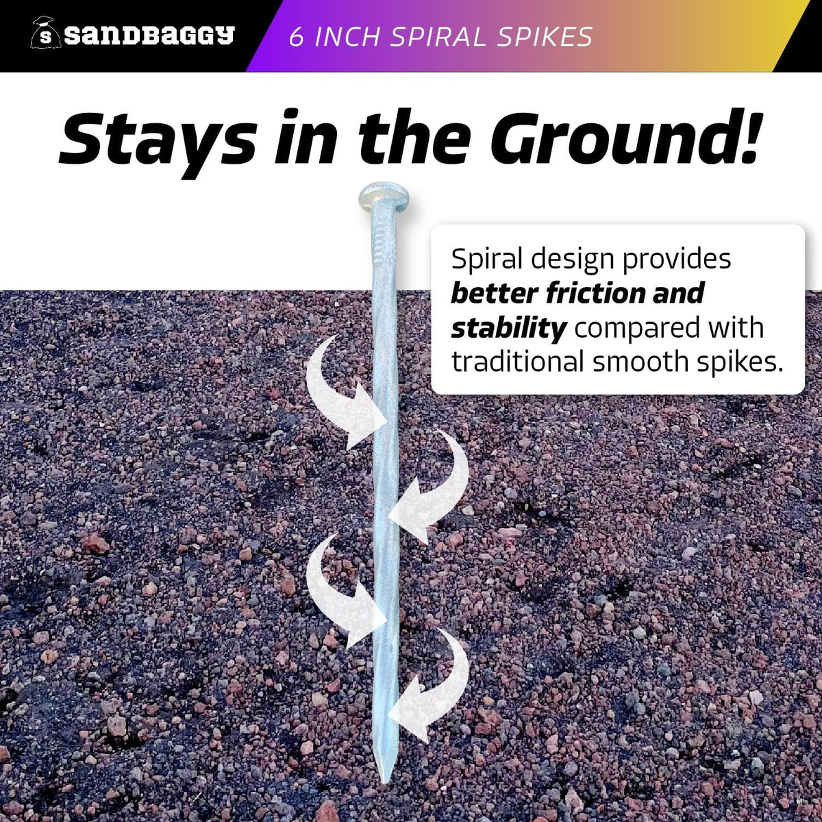 Sandbaggy 6 Inch Galvanized Artificial Turf Stakes - Spiral Landscape Nails - Ground Spikes/Pins