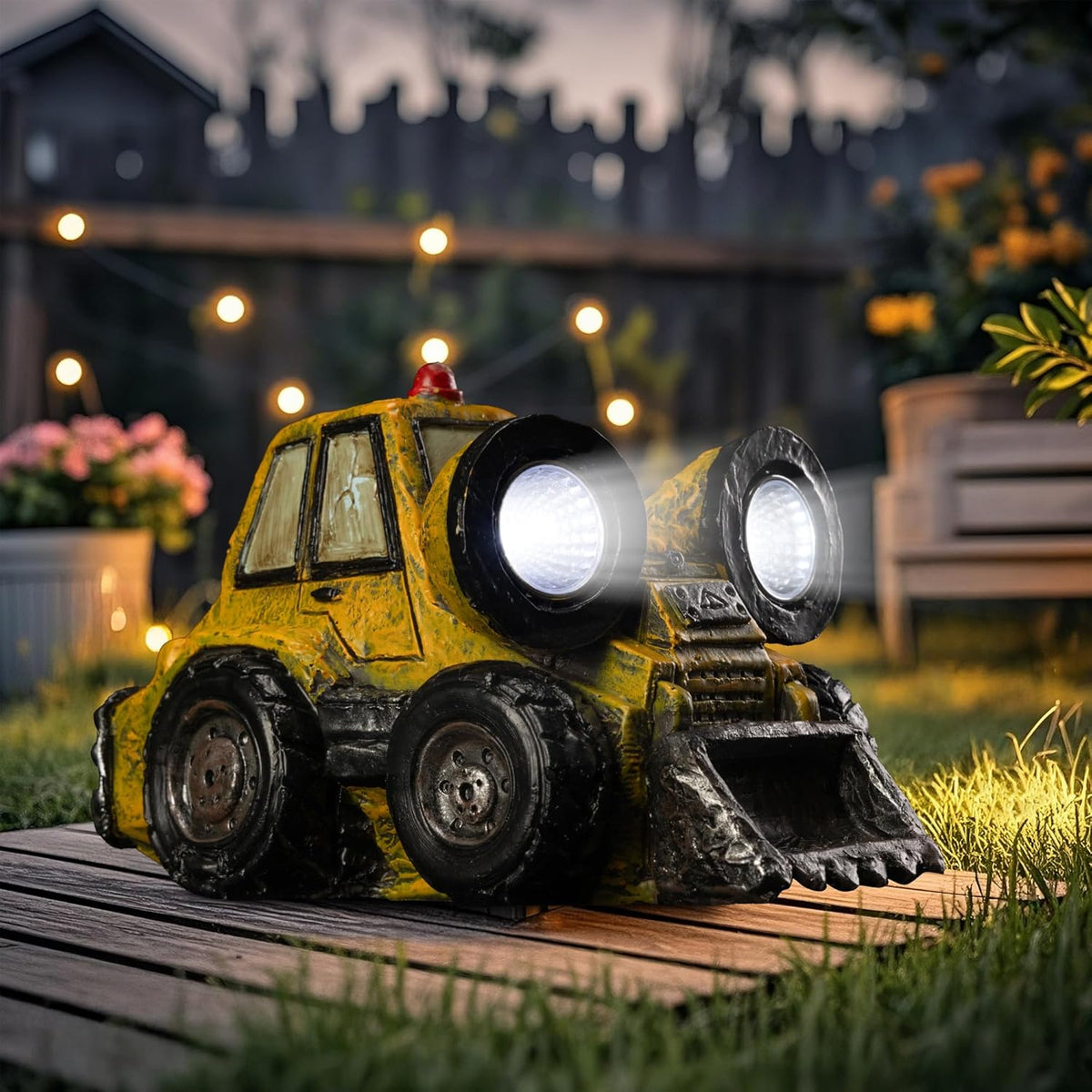 Garden Statue Outdoor Solar Light Decor with LED Light Rustic Vintage Bulldozer Construction