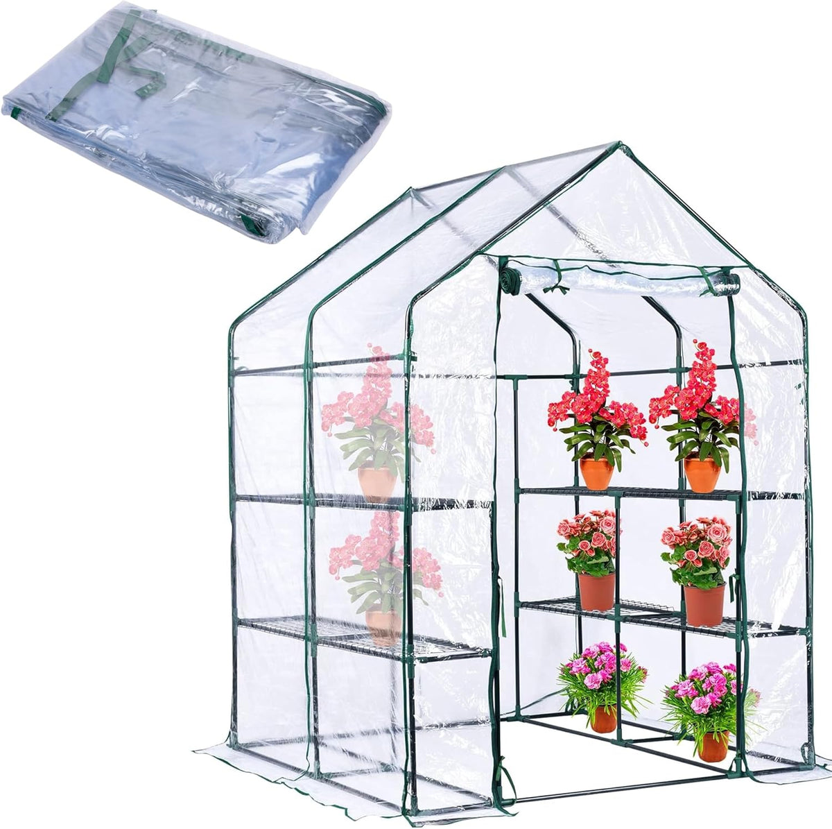 Walk-in Greenhouse Replacement Cover with Roll-Up Zipper Door -56 x 56 x 76 Inch PVC Greenhouse