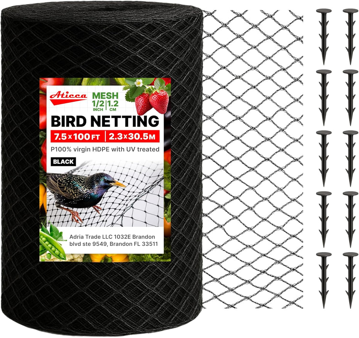 Heavy Duty Bird Netting for Garden Protection & Fruit Trees, 7.5x100 Ft with 10 Stakes – Black