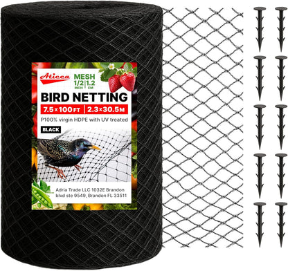 Heavy Duty Bird Netting for Garden Protection & Fruit Trees, 7.5x100 Ft with 10 Stakes – Black