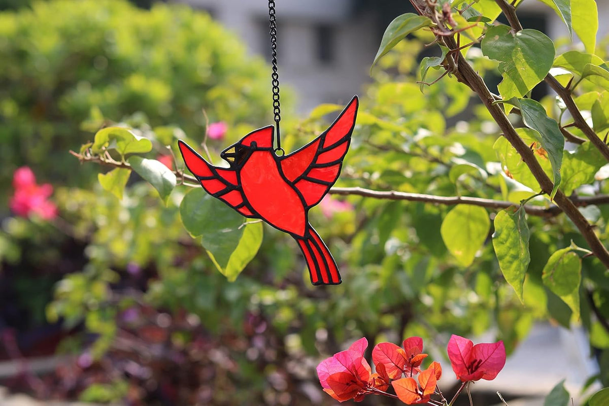 BOXCASA Red Cardinal Stained Glass Window Hanging,Cardinal Ornaments Stained Glass Suncatcher for