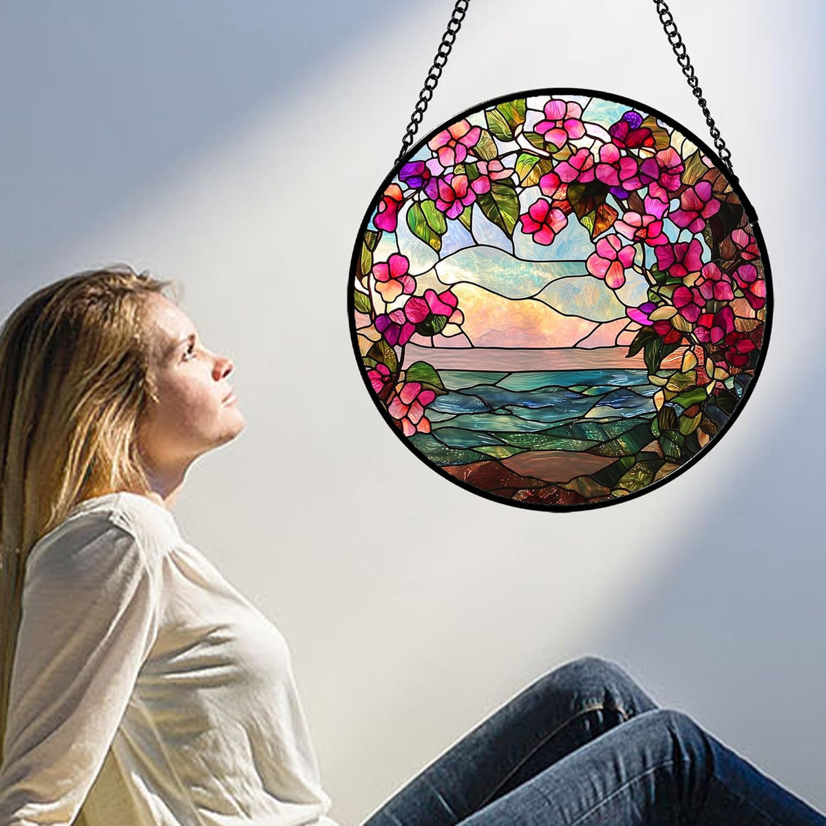 Stained Glass Window Hanging, Purple Flower Landscape Wreath Sun Catcher for Door Home Decor Plants