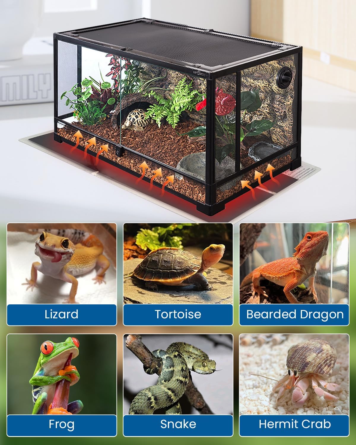 MQ Reptile Terrarium Heat Pad with LCD Digital Aquarium Thermometer, 11 x 11in Power Adjustment
