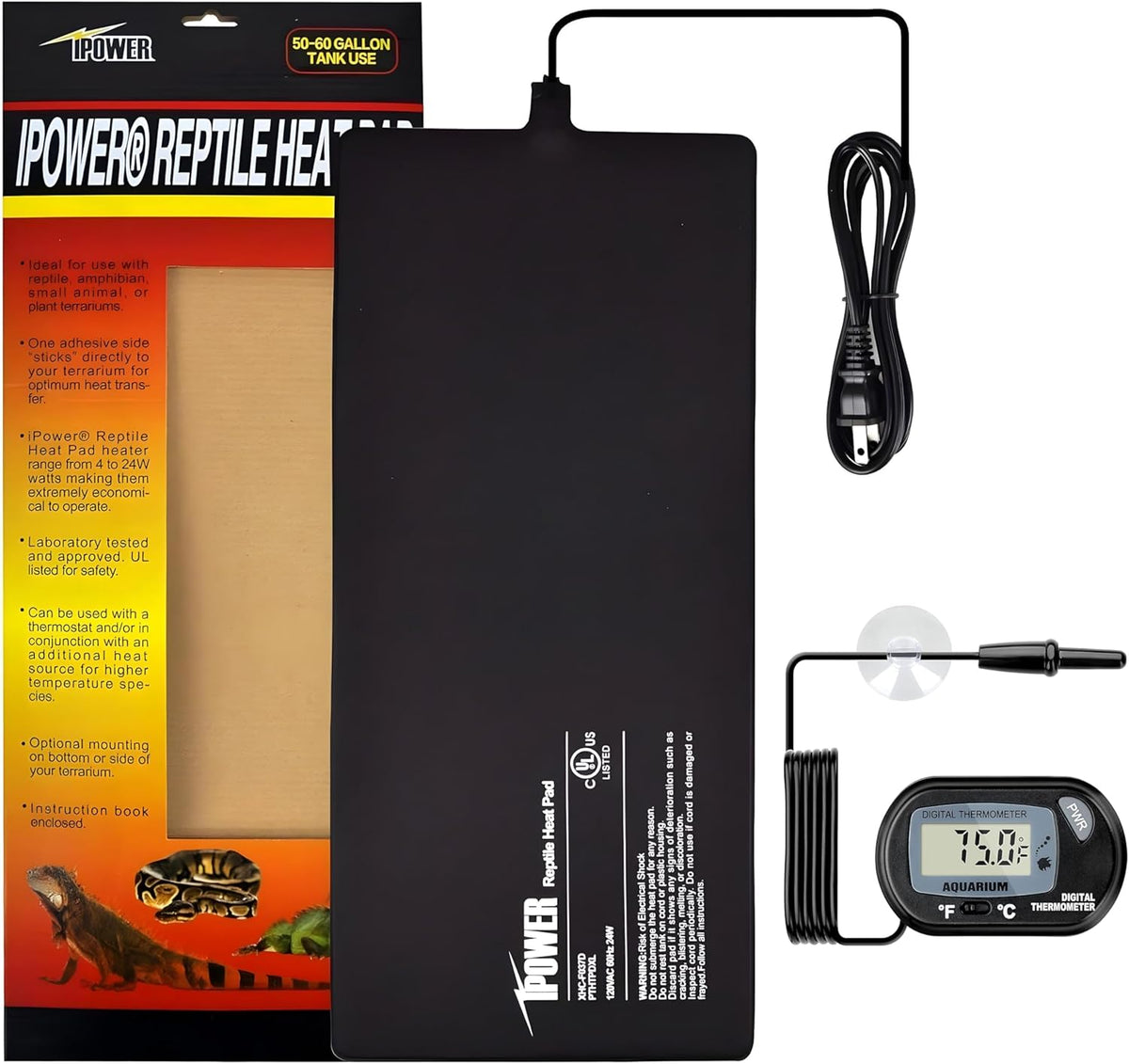 iPower 8 by 18-Inch 24W Reptile Heat Mat, LCD Digital Aquarium Thermometer, Under Tank Warmer