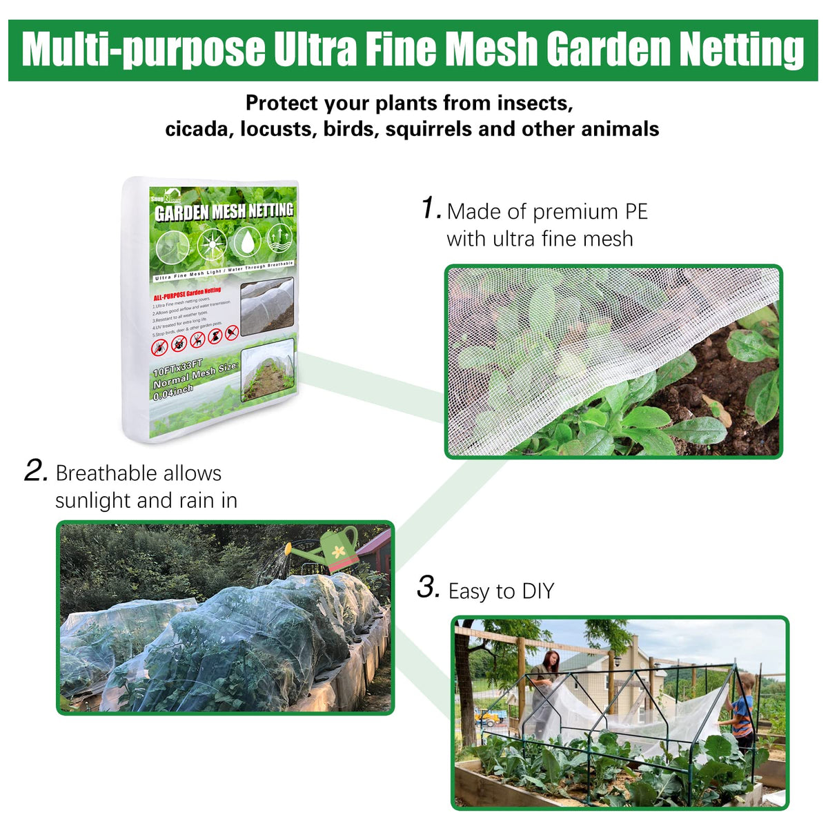 SnugNiture Garden Netting 10x33FT Ultra Fine Mesh Mosquito Netting Plant Covers, White Bird Netting
