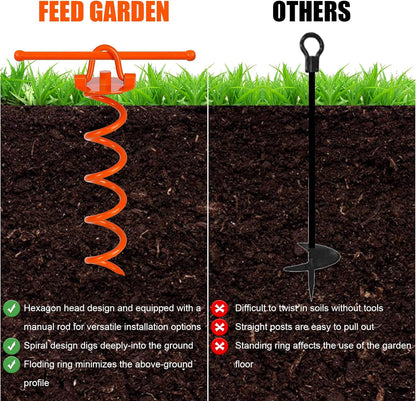 FEED GARDEN 12.2 Inch Spiral Ground Anchors Heavy Duty Screw in Spiral Stakes, 4 Pack Folding Ring