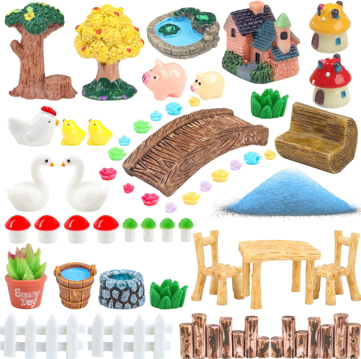50 Pcs Fairy Garden Miniatures Accessories Bridge House Landscape Water Well Animal Fence Tree Sand