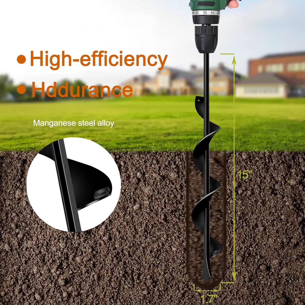 LONGRUN Auger Drill Bit for Planting-1.7"x15" Planting Auger, Garden Spiral Hole Drill Bulb Planter