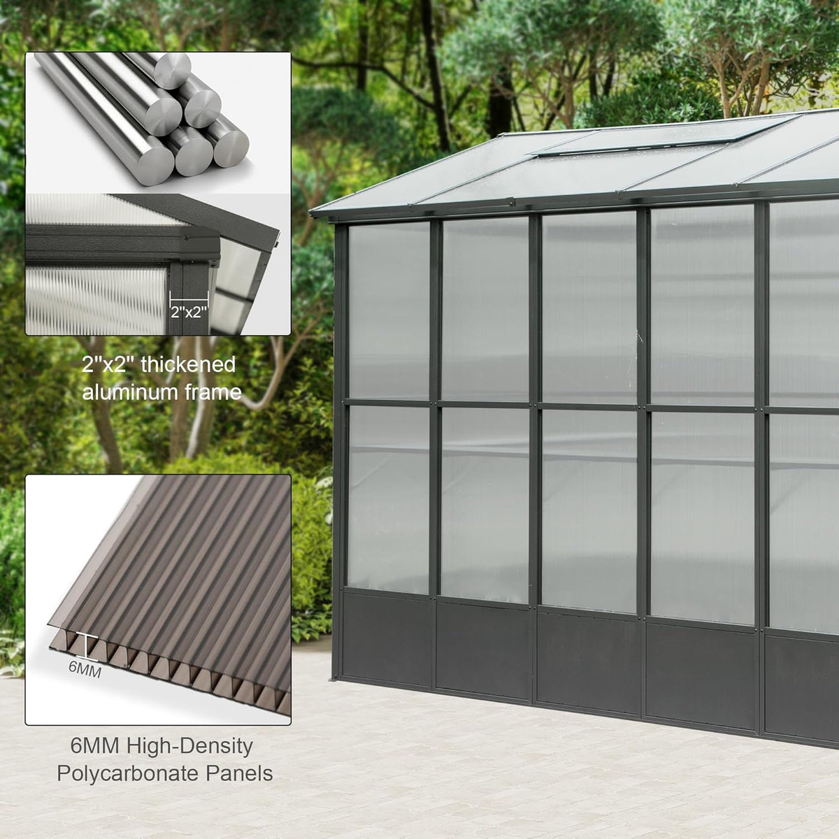 Domi 8x10FT Polycarbonate Greenhouse with Automatic Vent, Extra Tall 8FT Walk-in Aluminum Frame