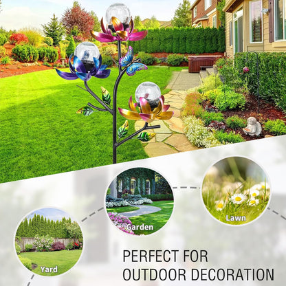 Solar Lights Outdoor Decorative Lotus Flowers Wind Spinner Garden Stake with LED Crackle Balls