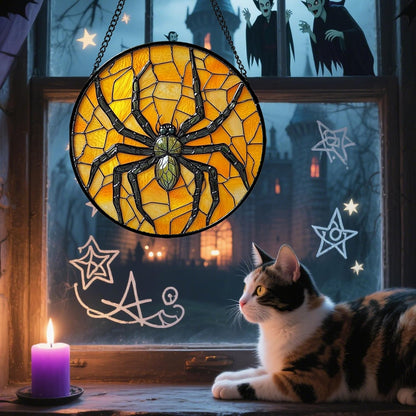 Stained Glass Window Hanging - Halloween Decorations Black Spider Suncatcher for Doors Garden