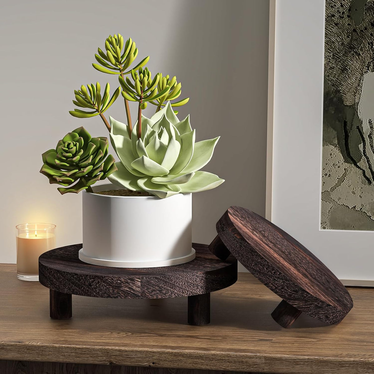 Wood Plant Stand Indoor Outdoor, 12/10/8/6" Round Wood Riser for Decor, Wooden Stool Display Stand
