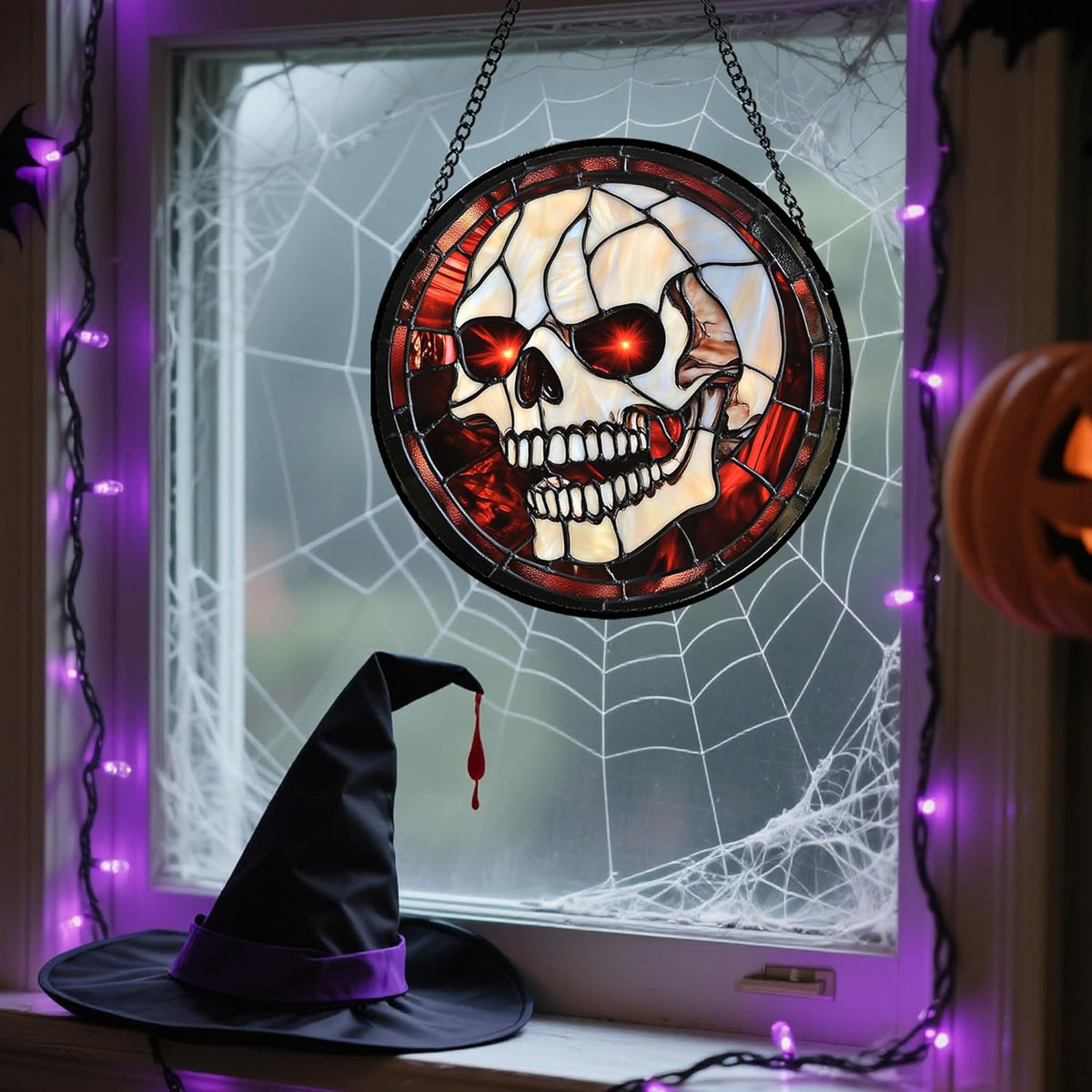 Stained Glass Window Hanging - Halloween Decorations White Skeleton Suncatcher for Doors Garden