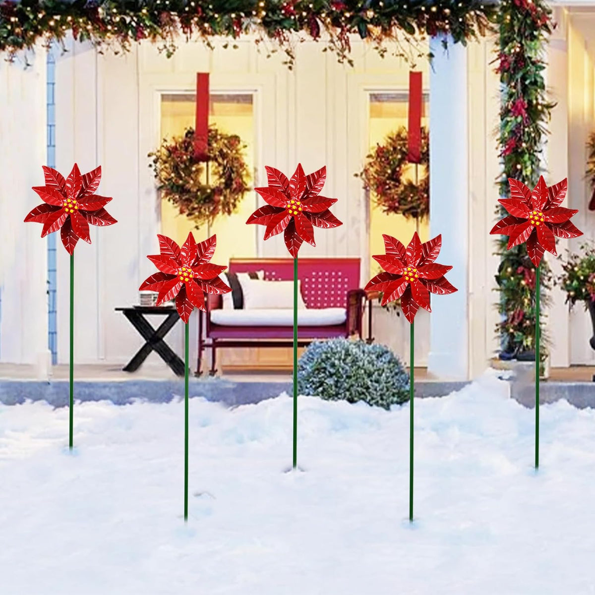 Metal Flower Wind Spinner Garden Lawn Stakes Yard Art, 27 Inch Poinsettia Windmill Iron Handicraft