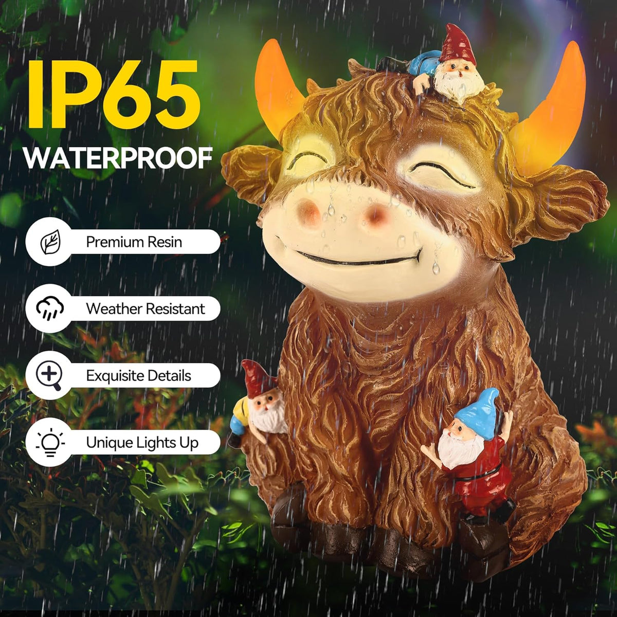 Solar Garden Statue Highland Cow Figurine with Funny Gnomes Garden Outdoor Decor for Yard Patio