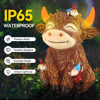 Solar Garden Statue Highland Cow Figurine with Funny Gnomes Garden Outdoor Decor for Yard Patio