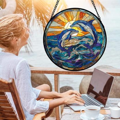 Stained Glass Window Hanging, Blue Dolphin Sun Catchers Colorful Glass Panel Sunrise Sea View