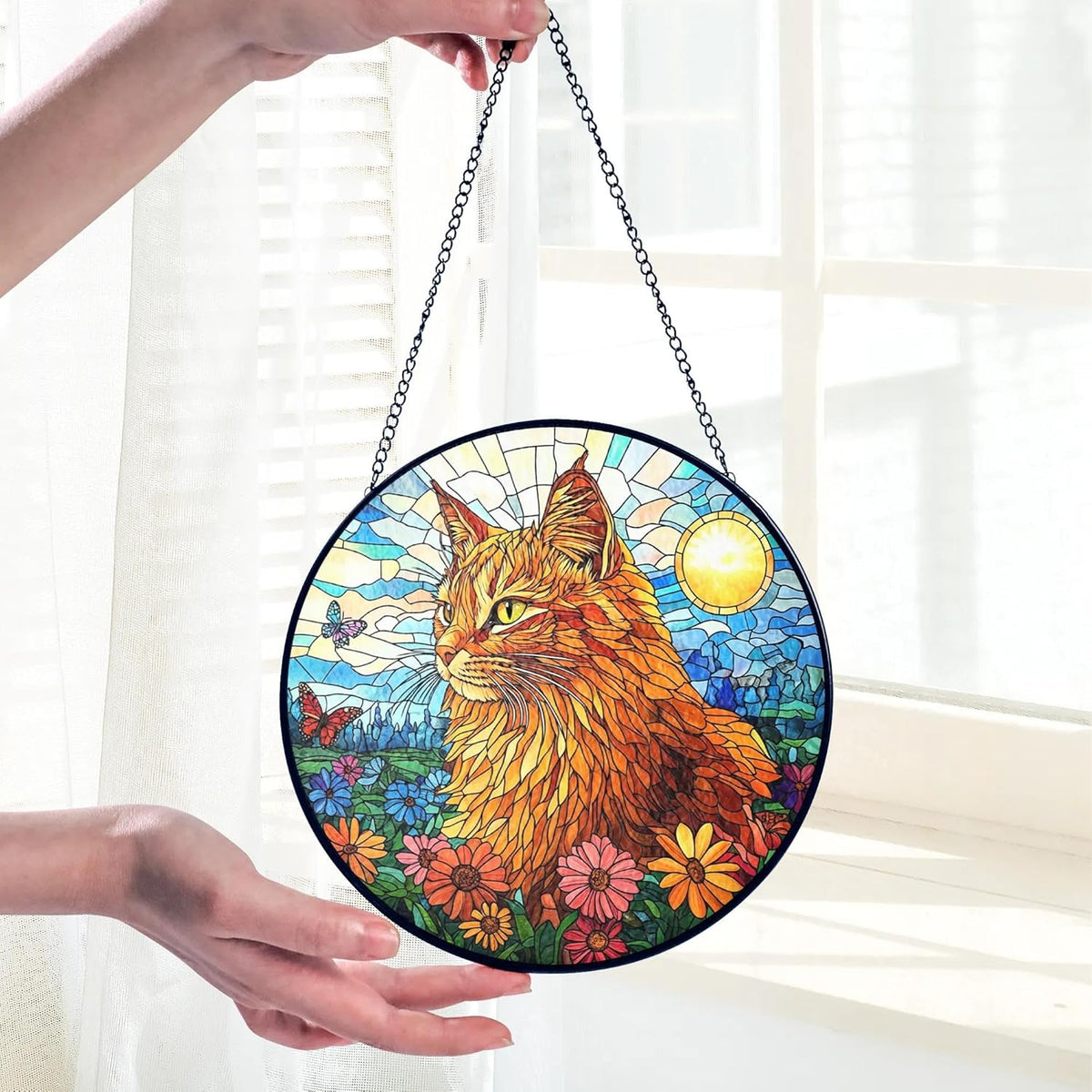 Orange Cat Stained Glass Suncatcher - Orange Cat Lovers Gifts Window Hanging Garden Decor, Memorial