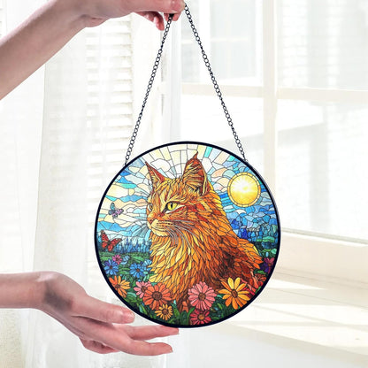 Orange Cat Stained Glass Suncatcher - Orange Cat Lovers Gifts Window Hanging Garden Decor, Memorial