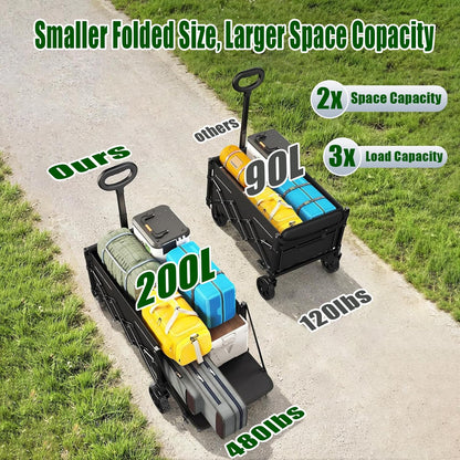 Collapsible Wagon Cart Foldable with Tailgate, 47" L 480lbs Capacity, Heavy Duty Beach Wagon with